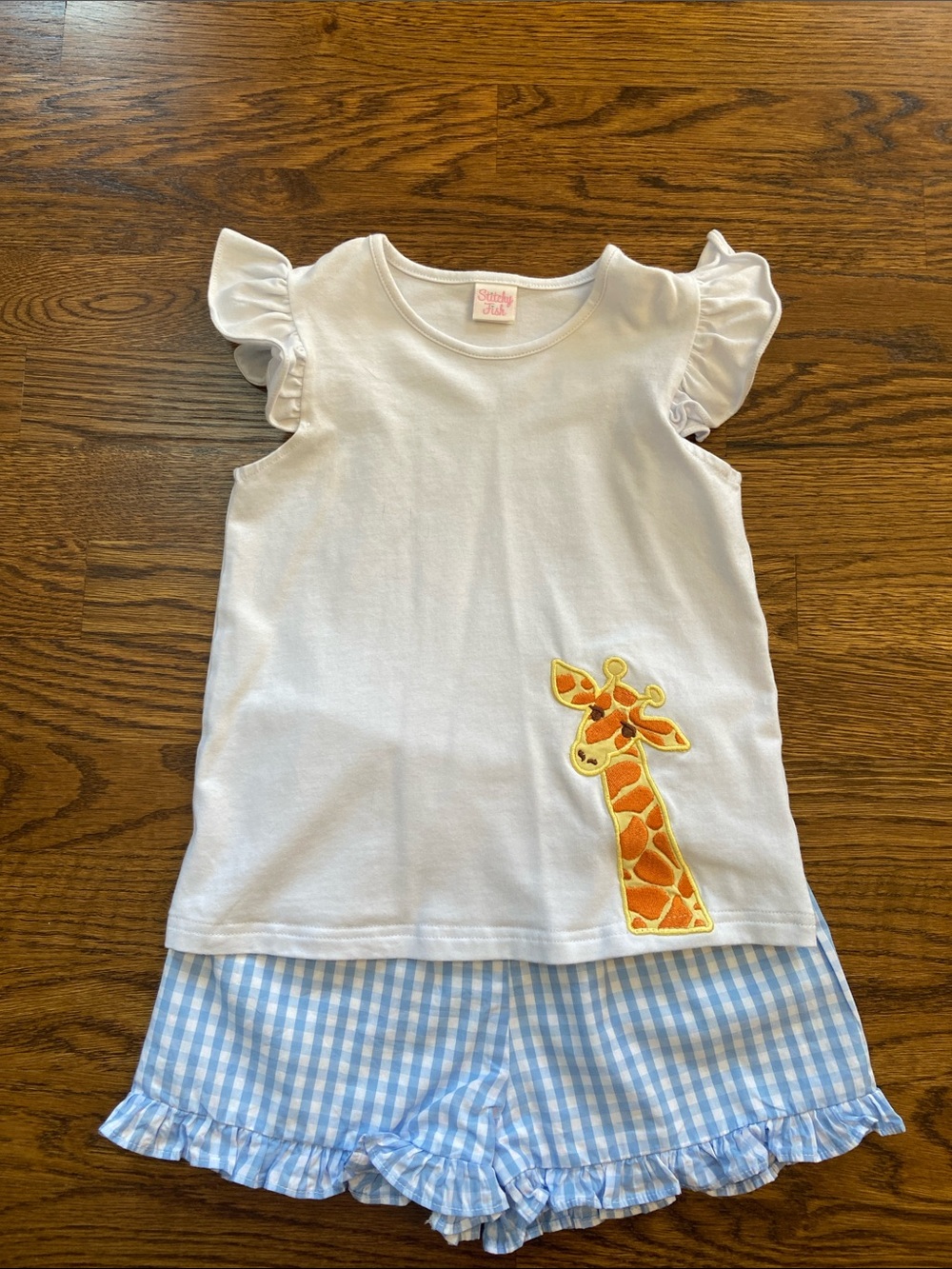 Stitchy Fish Girls Gingham Ruffle Trim Giraffe Appliqué Matching Set 4T Preppy